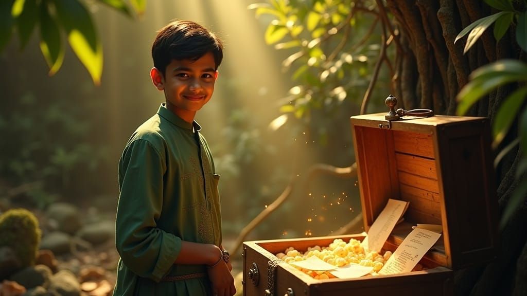 Village Boy With Glowing Treasure Chest in Sunlit Jungle