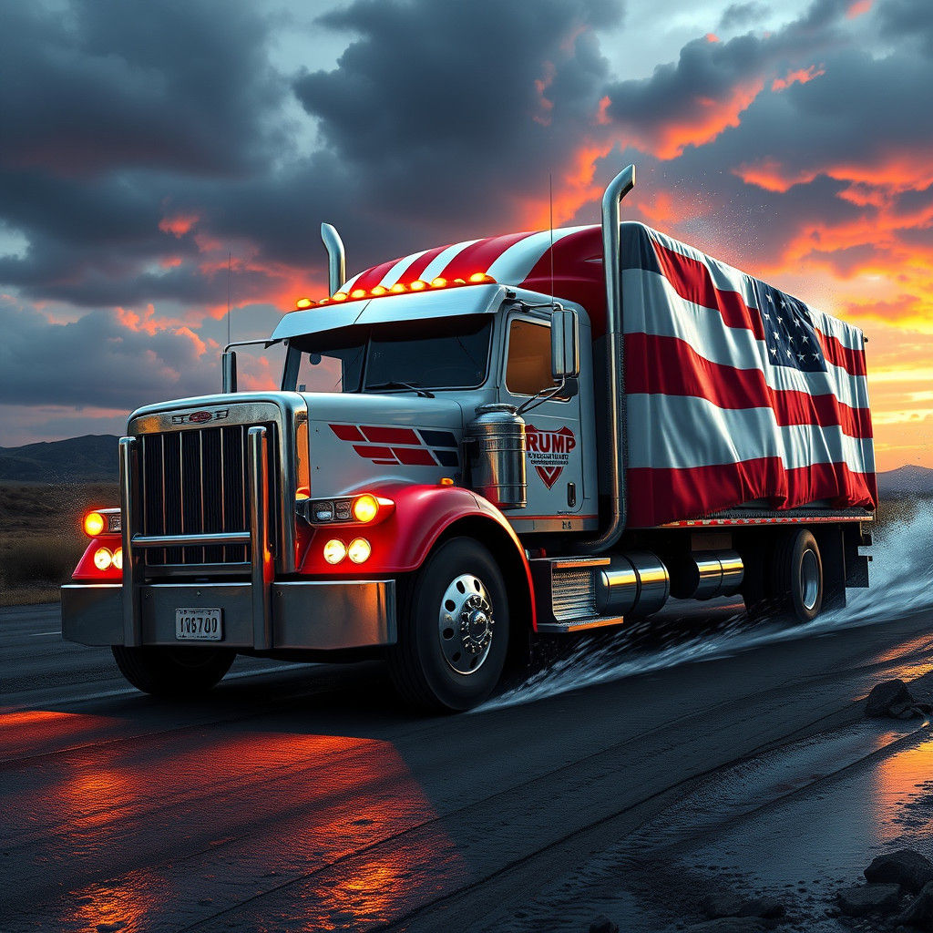 Donald Trump with USA Flag Truck, Detailed Matte Painting