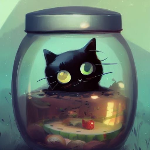 Adorable Cat in Pickle Jar, Ghibli-Inspired Art