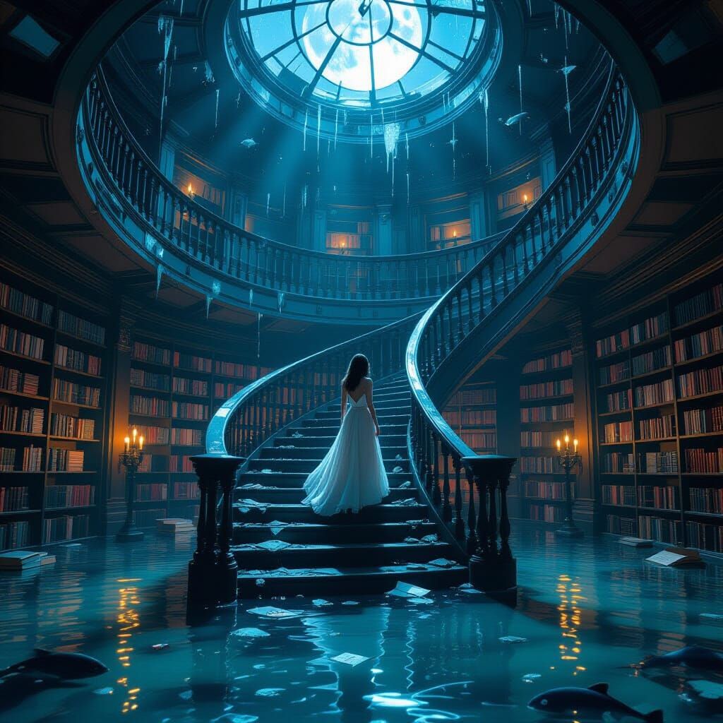 Flooded Library: Mystical Realism in Digital Art