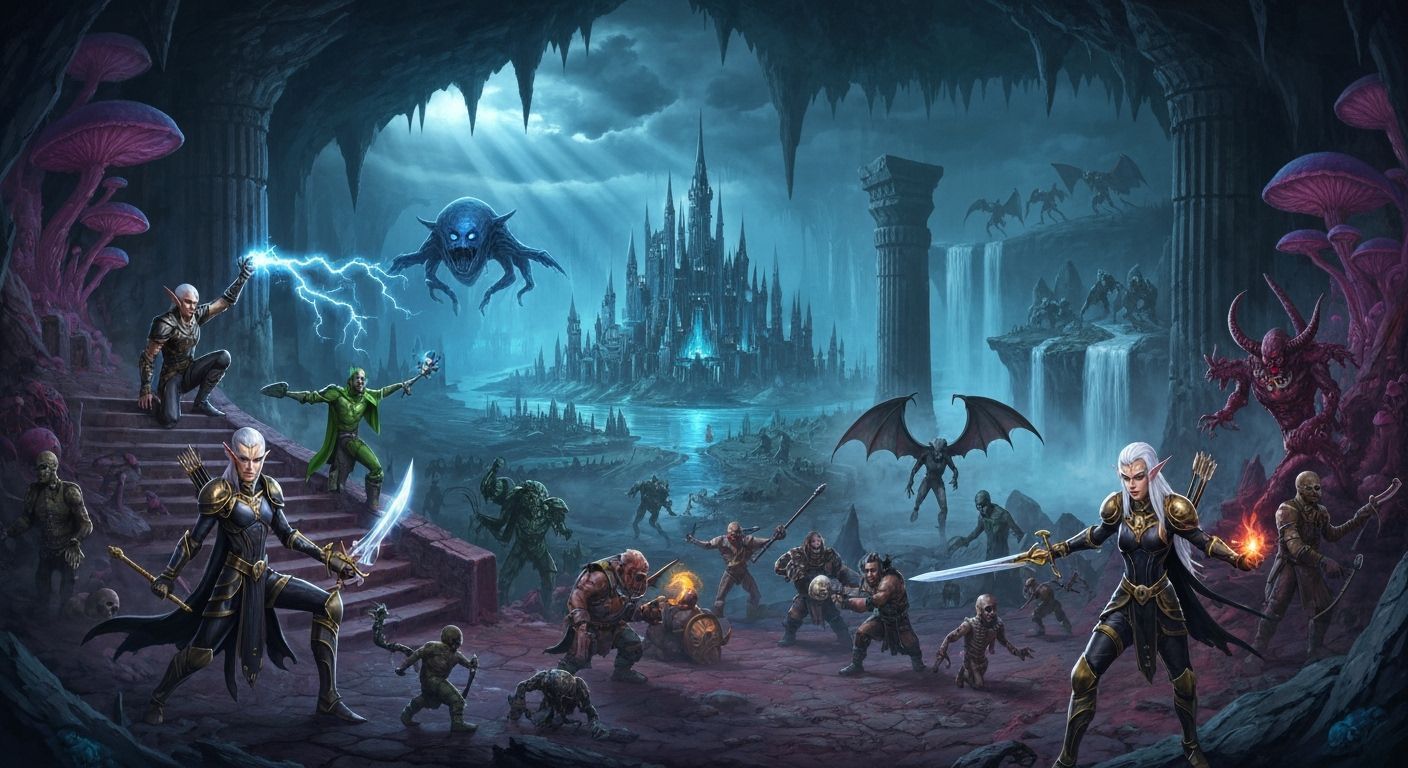 D&D Underdark Cityscape with Adventurers and Monsters
