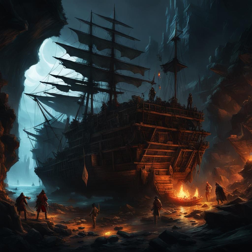 Dark Pirate Lair at Night in a Shady Cove as Inspired by Lan...