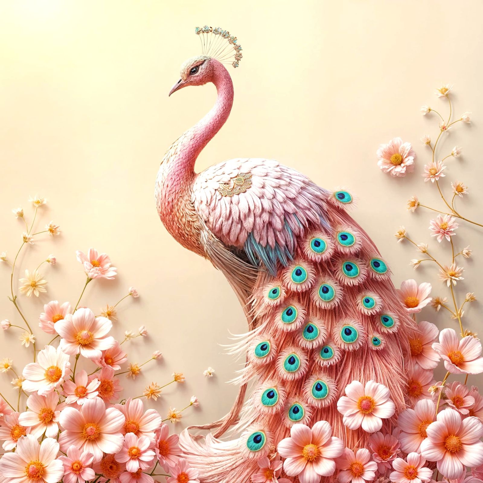 Ethereal Pink Peacock in Whimsical Floral Realm