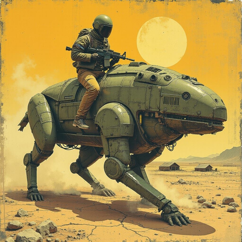 Wasteland Mech Rider in Retro-Futuristic Style