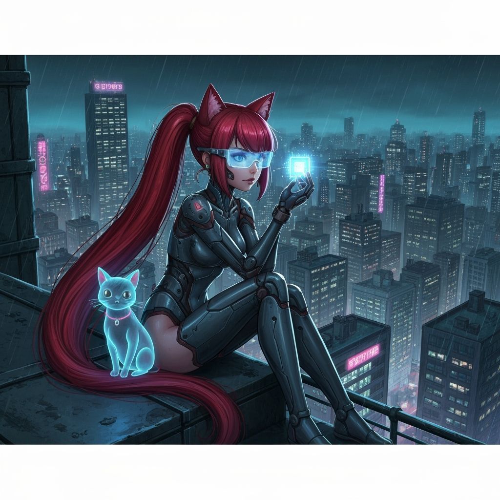 Anime Cyberpunk Woman on Rooftop with Cat Companion
