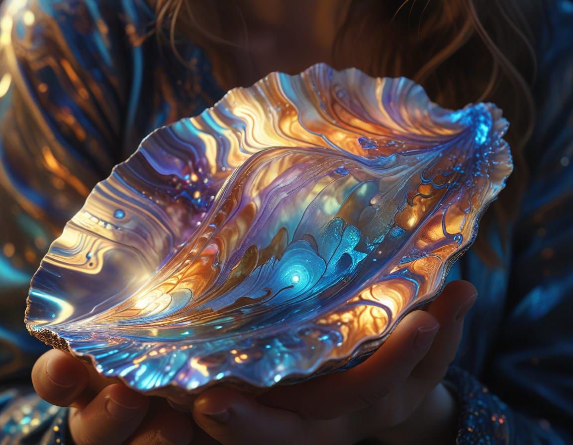 Dreamy Iridescent Oyster Shell in Close-Up, Mixed Media Art