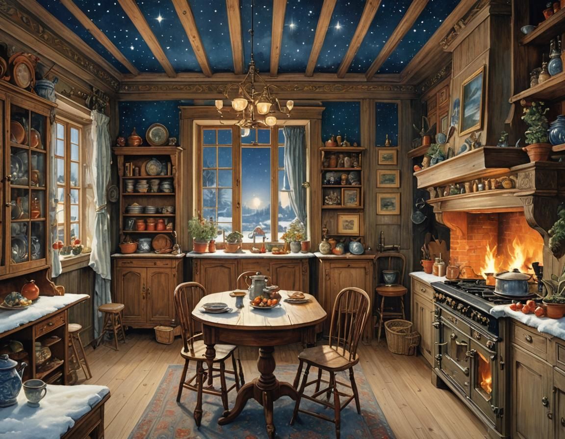 Warm Kitchen by Starry Night Sky in Traditional Style