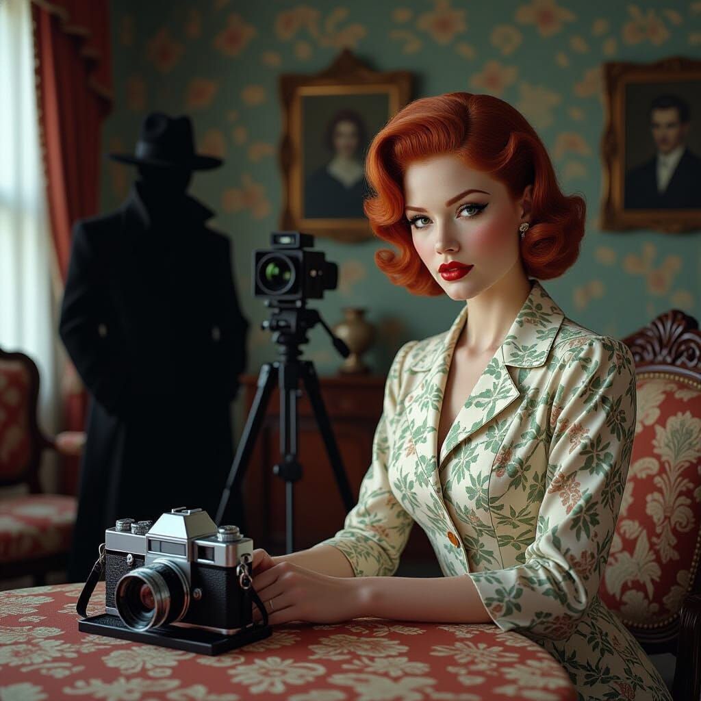 Redhead Temptress in 1950s Parlor, Surreal Style