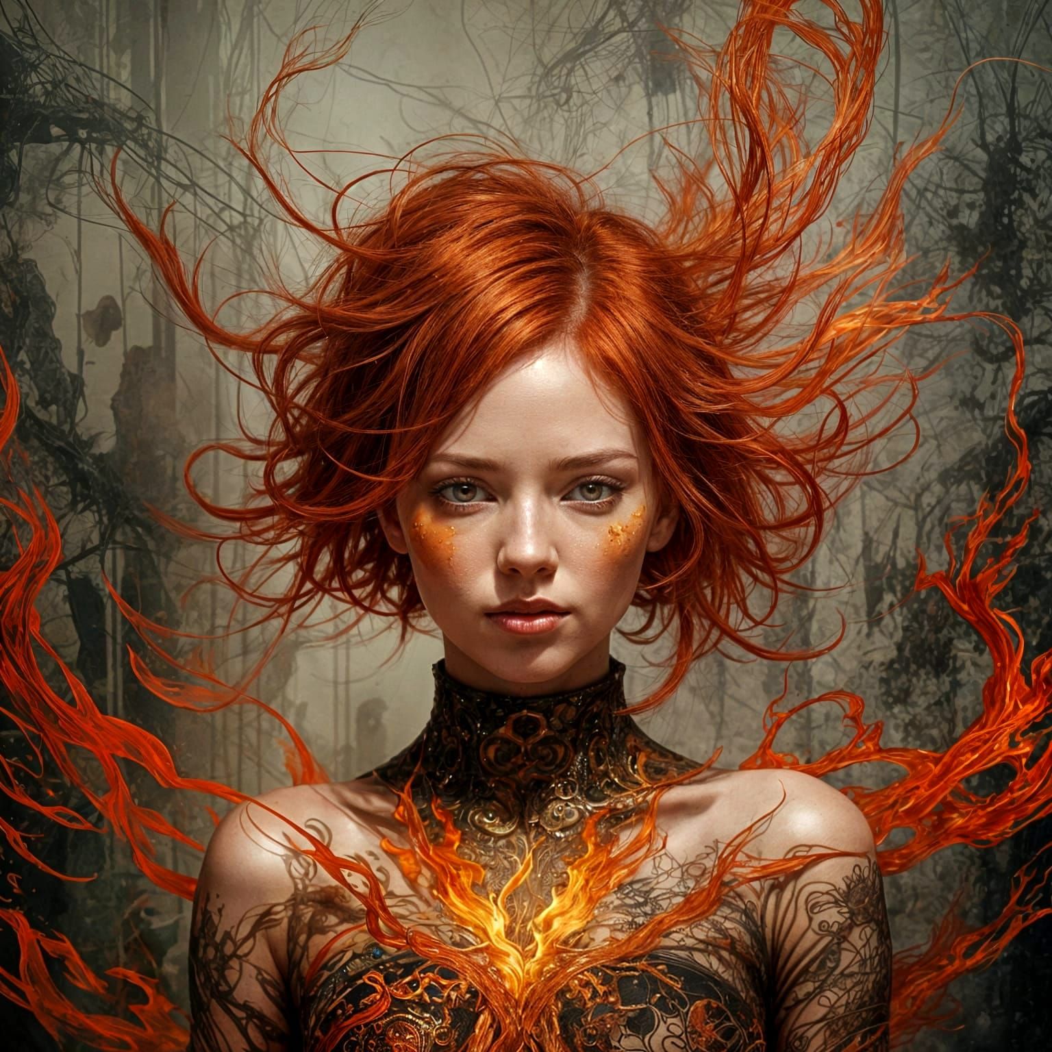 Fiery Redhead in Flames: Digital Art Portrait