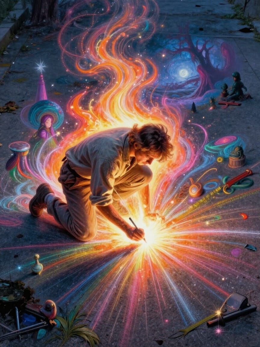 Luminous Sidewalk Chalk Artpiece with Magic Erupting