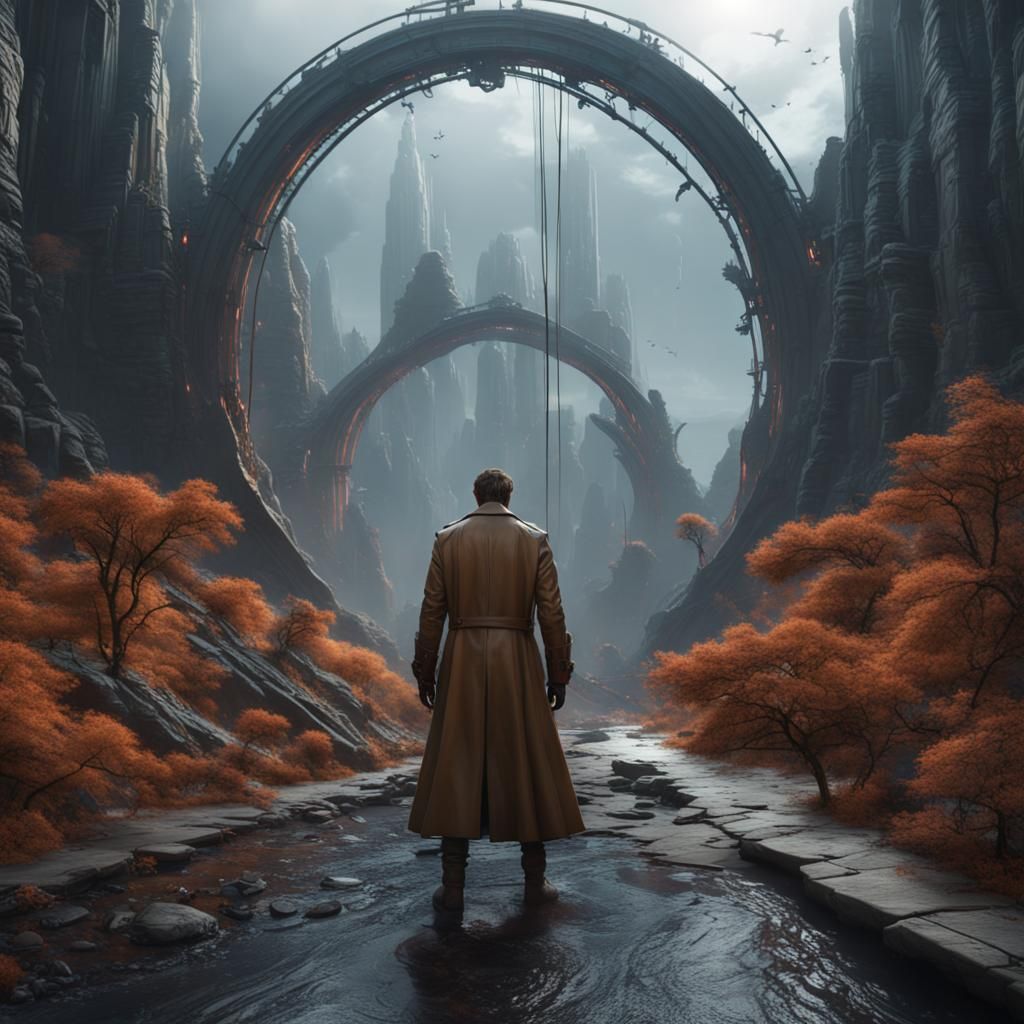 Futuristic Figure Emerges from Portal