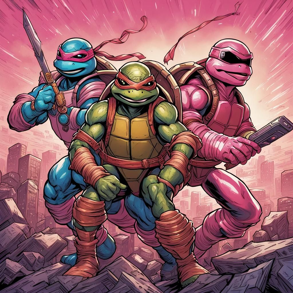 Michelangelo Selfie with Pink Ranger in Comic Art Style