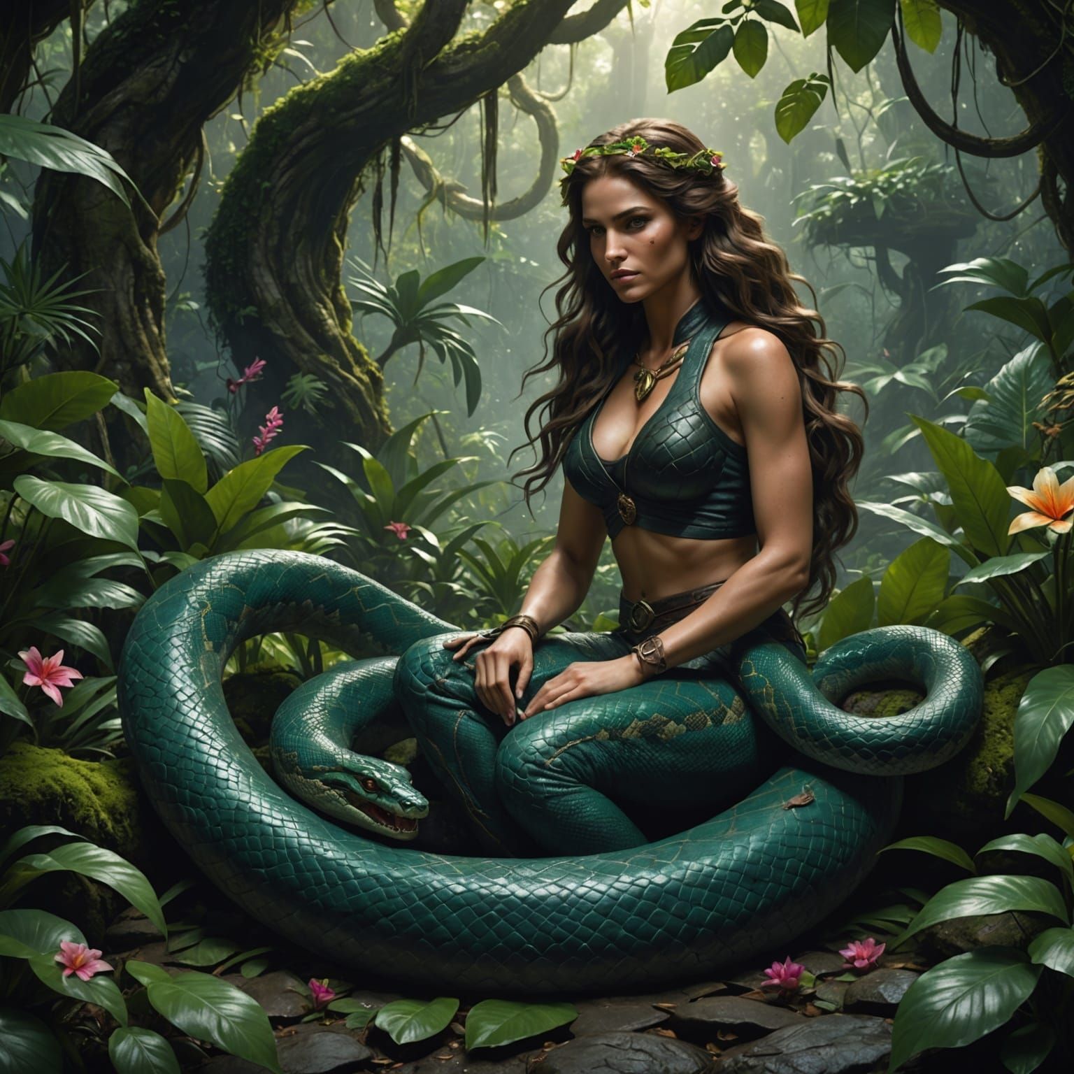 Snake-Human Hybrid in Lush Jungle, Dark Fantasy Art