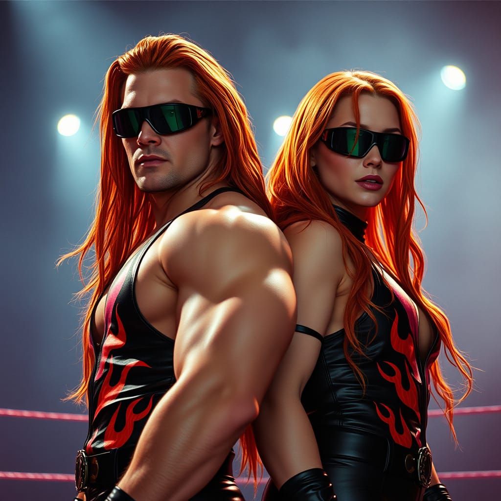 Cyberpunk Wrestlers in Smoky Arena with Neon Lights