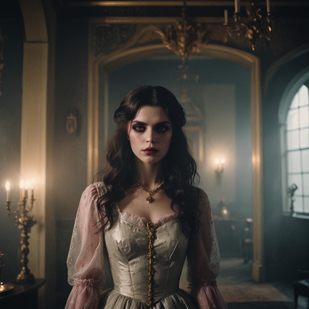 Vampire Girl in Misty Mansion: Cinematic Film Still