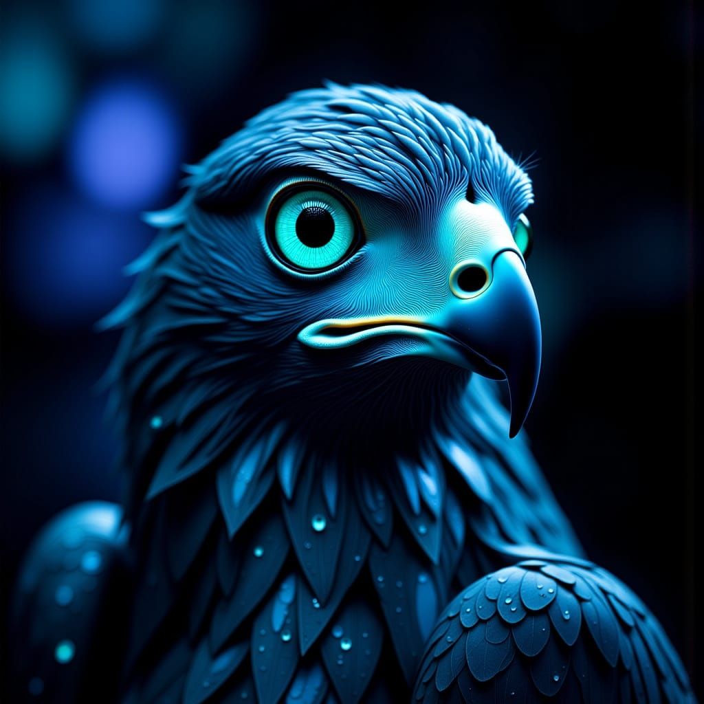 Hawk Pin-up in bioluminescent opal glow dark laboratory, multilayered_eyes, Professional photog...