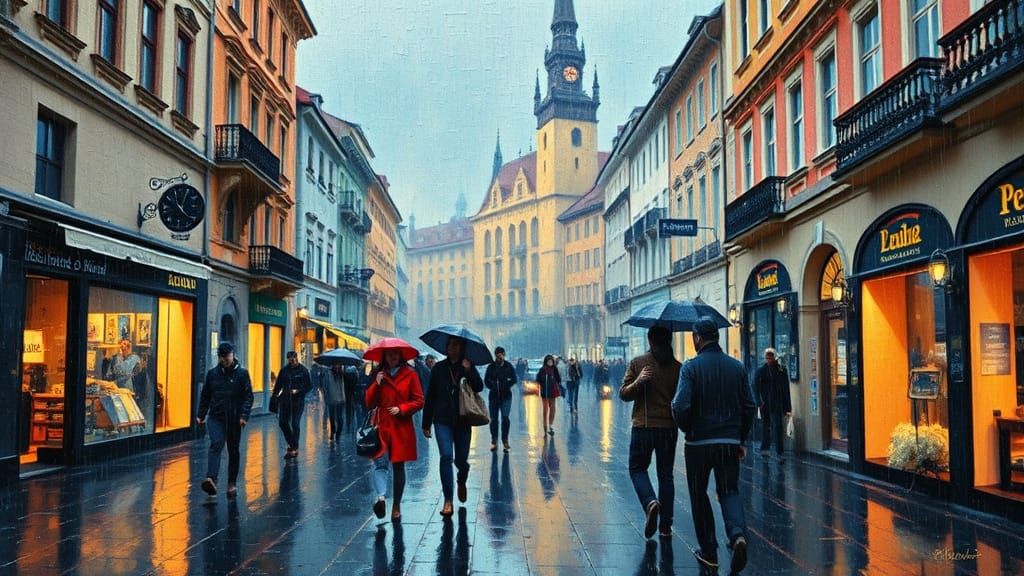 Rainy Day in Graz: Pointillist Street Scene