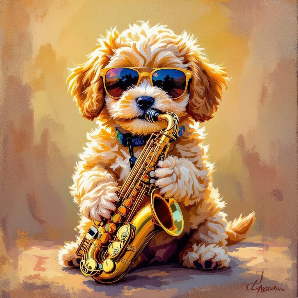 Cavapoo Puppy Plays Saxophone in Impressionistic Oil Paintin...