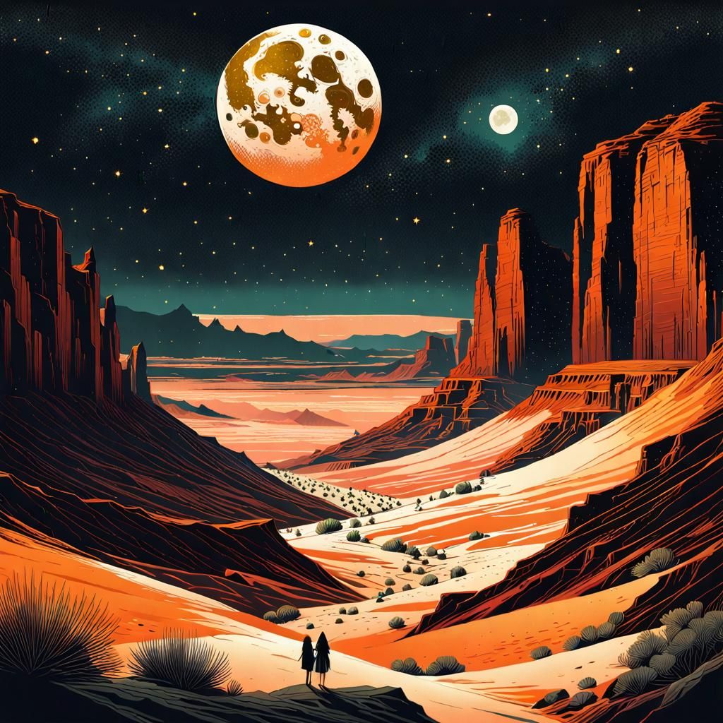 Desert Canyon Under Starry Moonlit Sky in Ukiyo-e Style