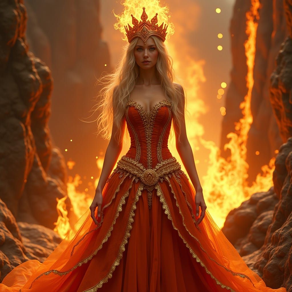 Regal Queen of Fire in Golden Robes and Dancing Flames