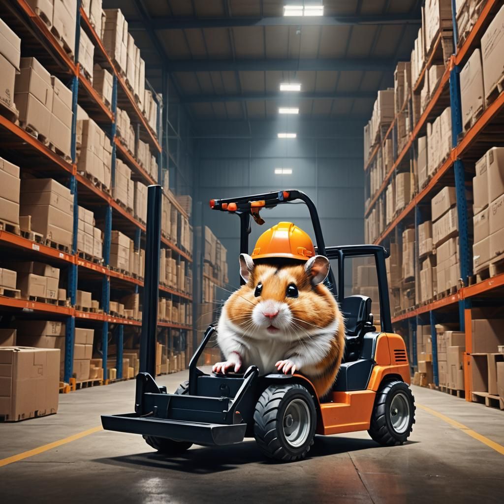 Hamster Construction Worker Drives Forklift in Warehouse