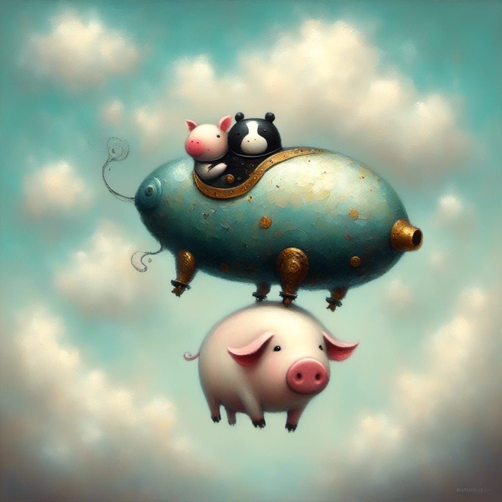Adorable Flying Robot Pig in the Clouds