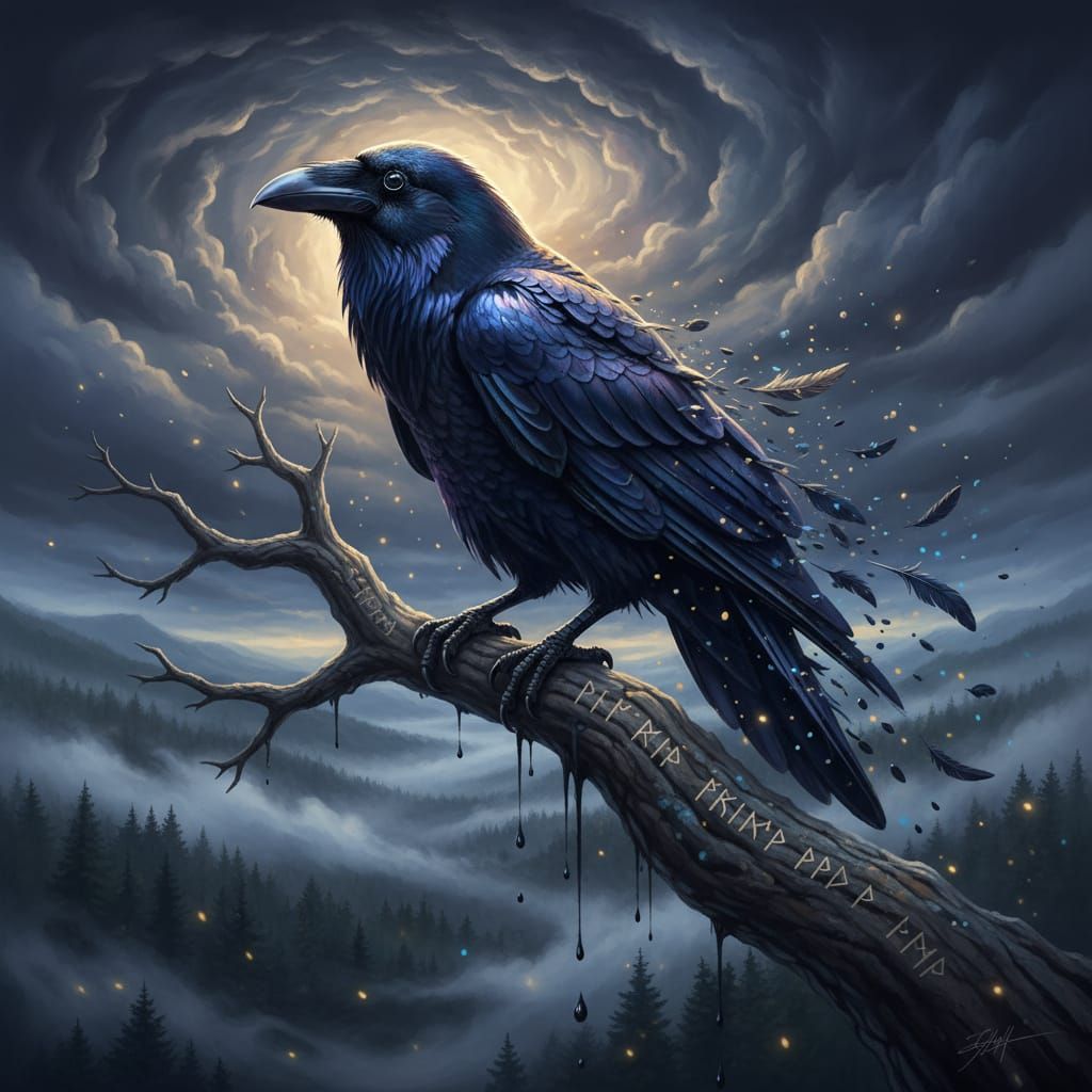 Majestic Raven on Branch Under Moody Sky
