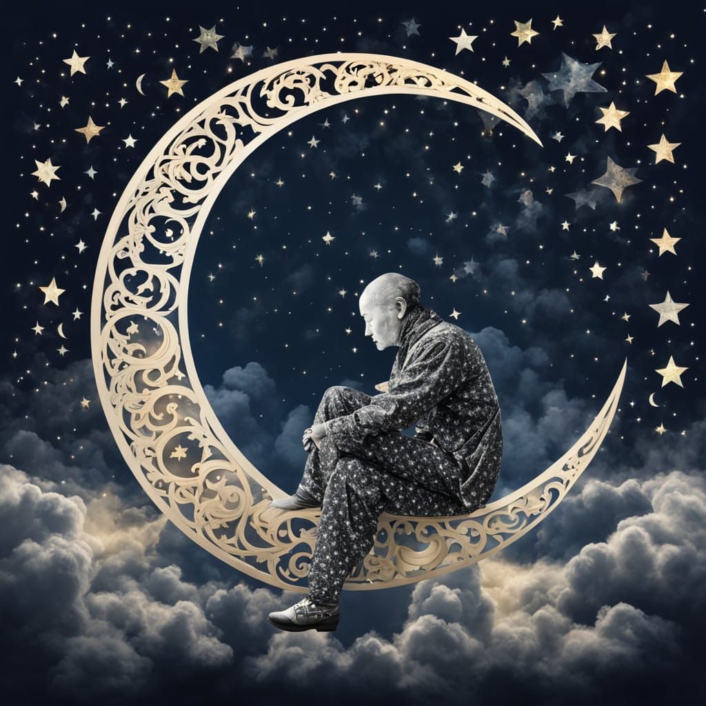 Harlequin on Crescent Moon in Whimsical Night Sky