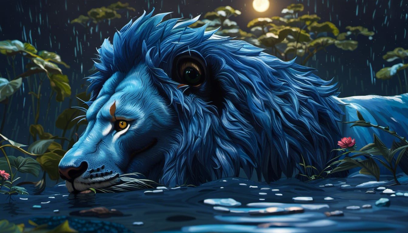 Blue Lion Drinks Under Moonlight in Hyperrealism