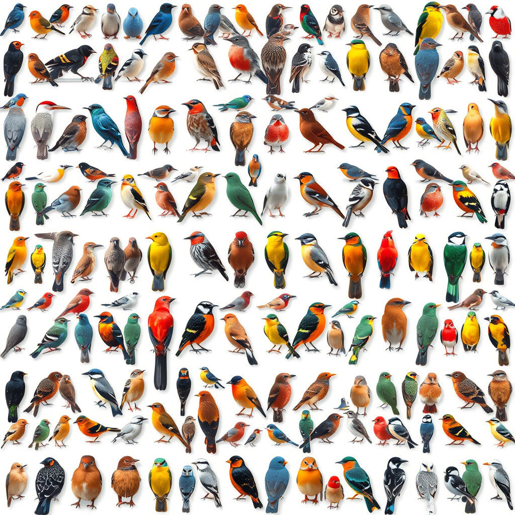 Knolling Composition of Colorful Bird Species