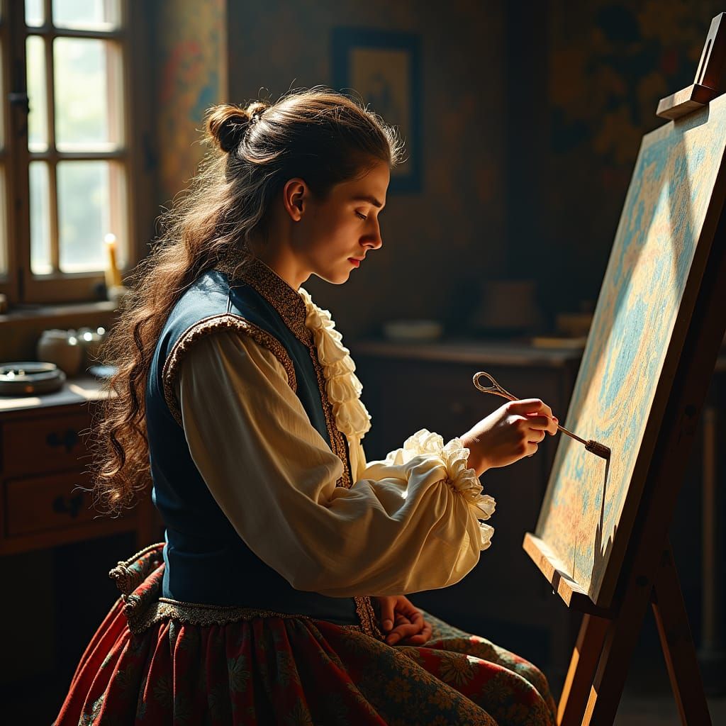 Man Painting Hair in an Old Studio, Dramatic Lighting
