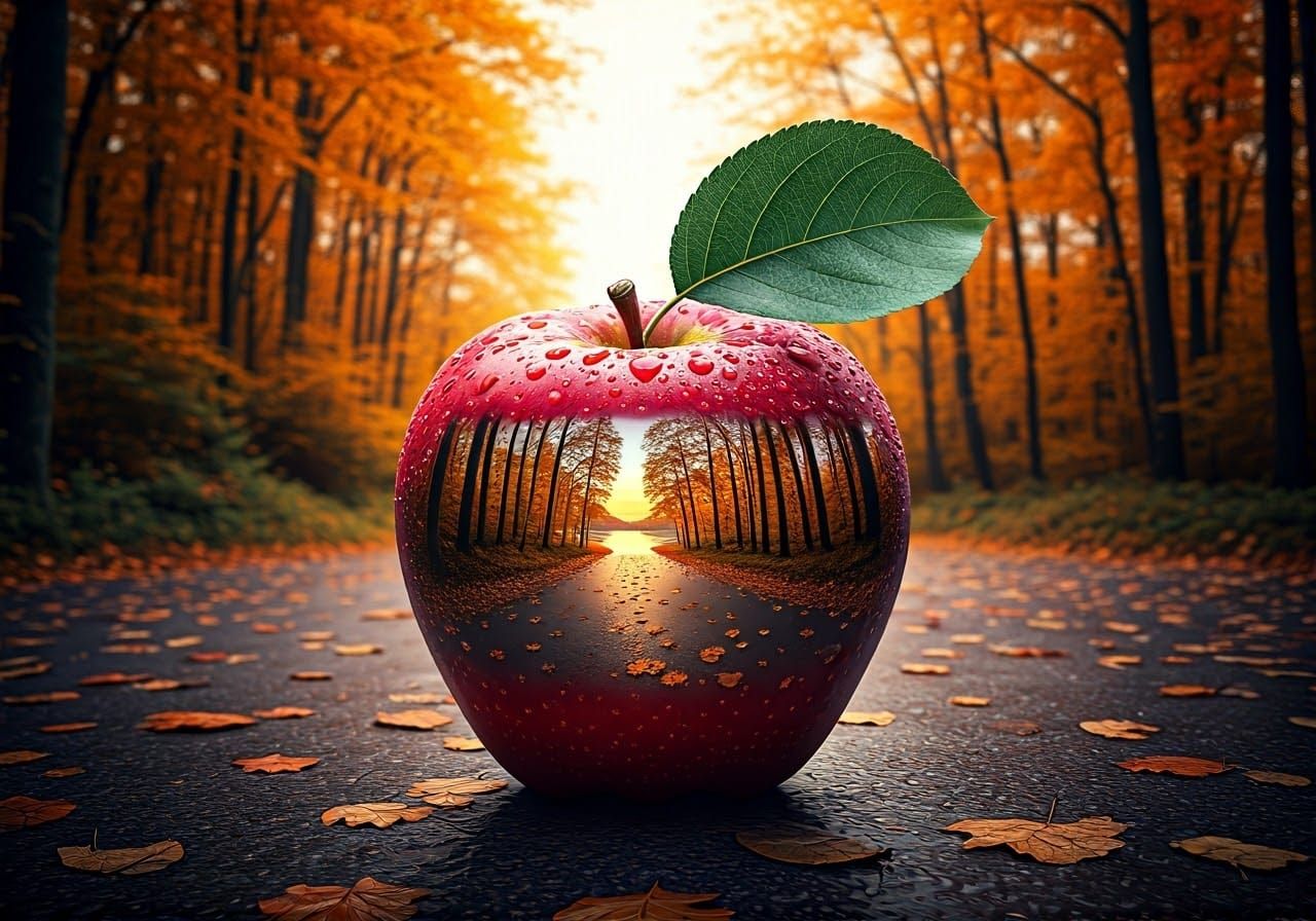 Vibrant Autumn Scene with Glossy Apple and Sunset Reflection