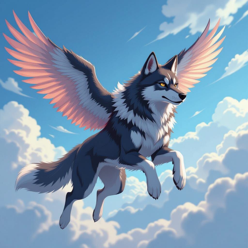 Winged Wolfhound Soaring in Manga Style