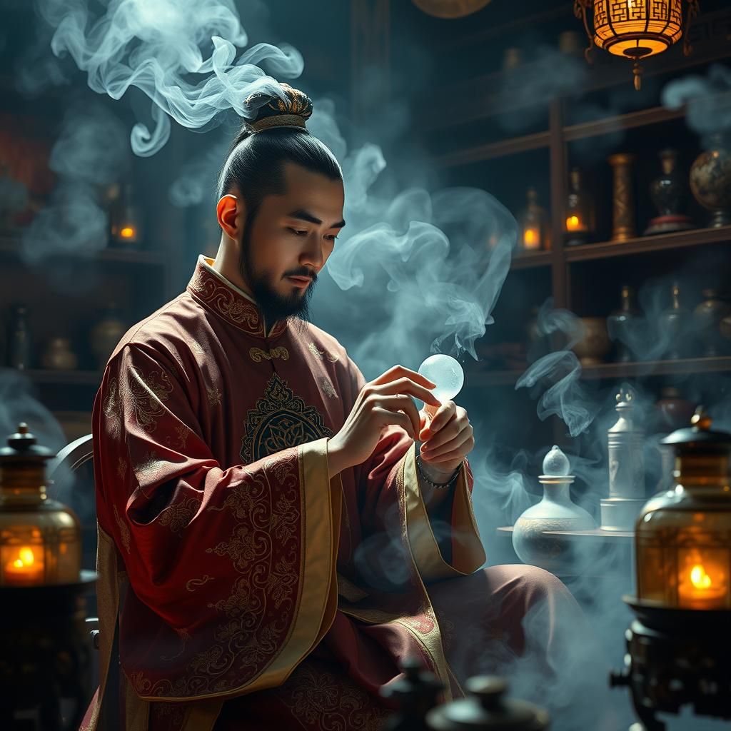 Mystical Alchemist Crafting Void Pill in Dark Surrealism