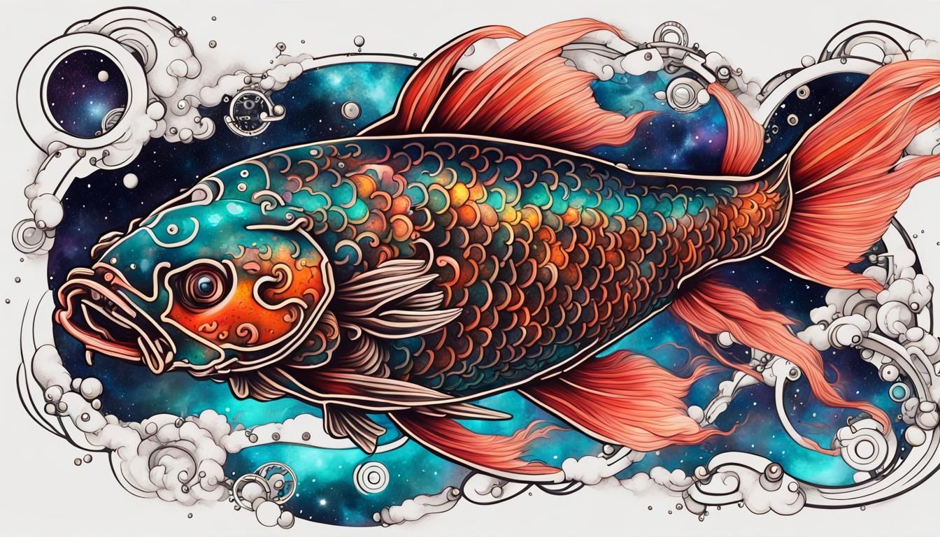 Neon Koi Fish in Space with Steampunk Engine