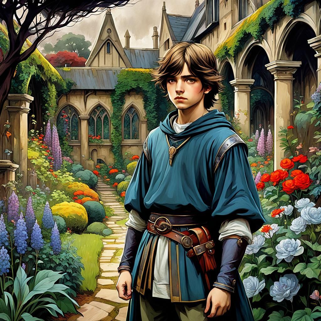 Gloomy Boy in Medieval Fantasy Garden