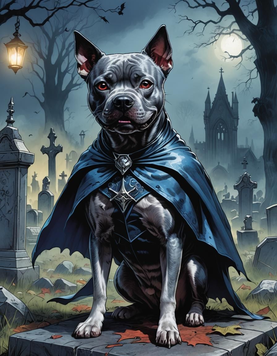 Blue Staffy Vampire in Graveyard Comic Art