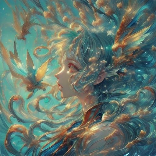 Ethereal Fantasy Woman in Fauvist Style with Shimmering Wing...