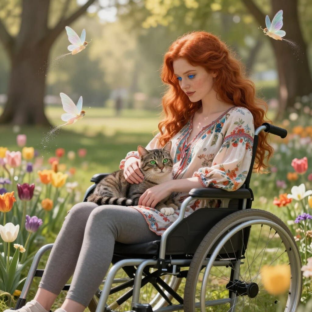 Woman and Cat in Enchanted Floral Park