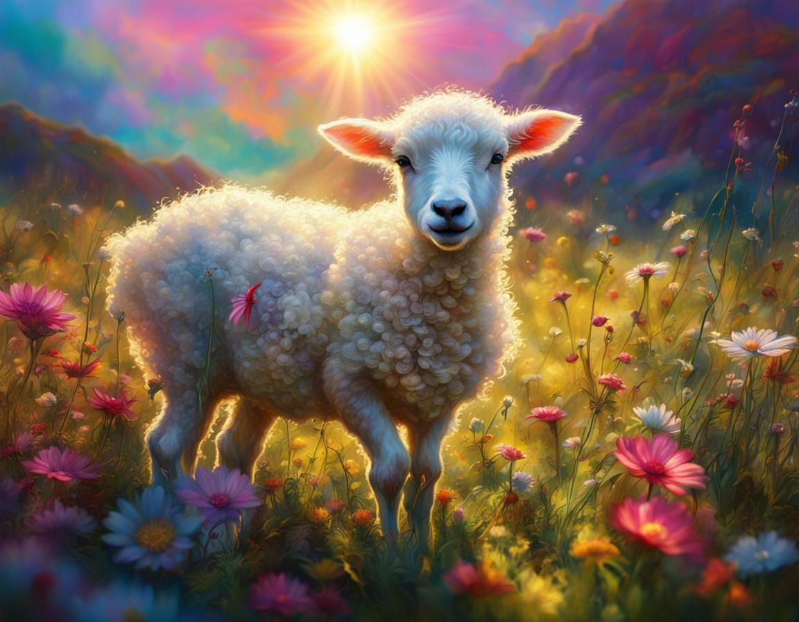 Playful Lamb in Sunlit Meadow: Renaissance-Inspired 3D Art