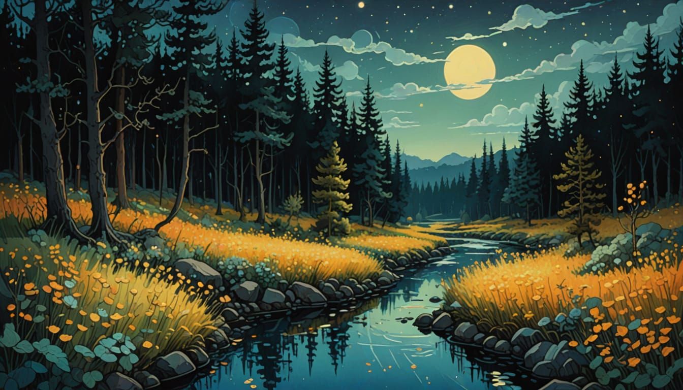 Enchanting Forest Nightscape with Animals and Stars
