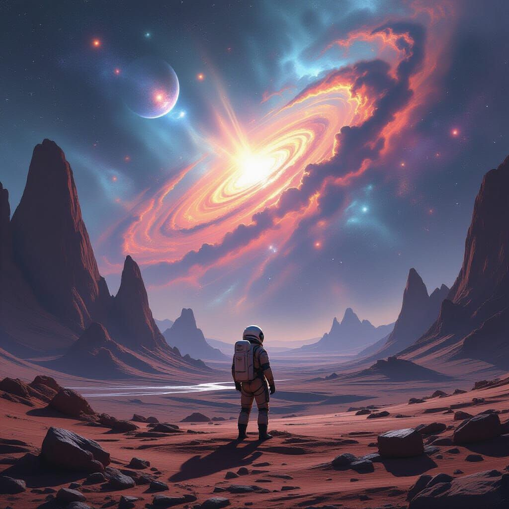 Astronaut Gazes at Nebula on Alien World