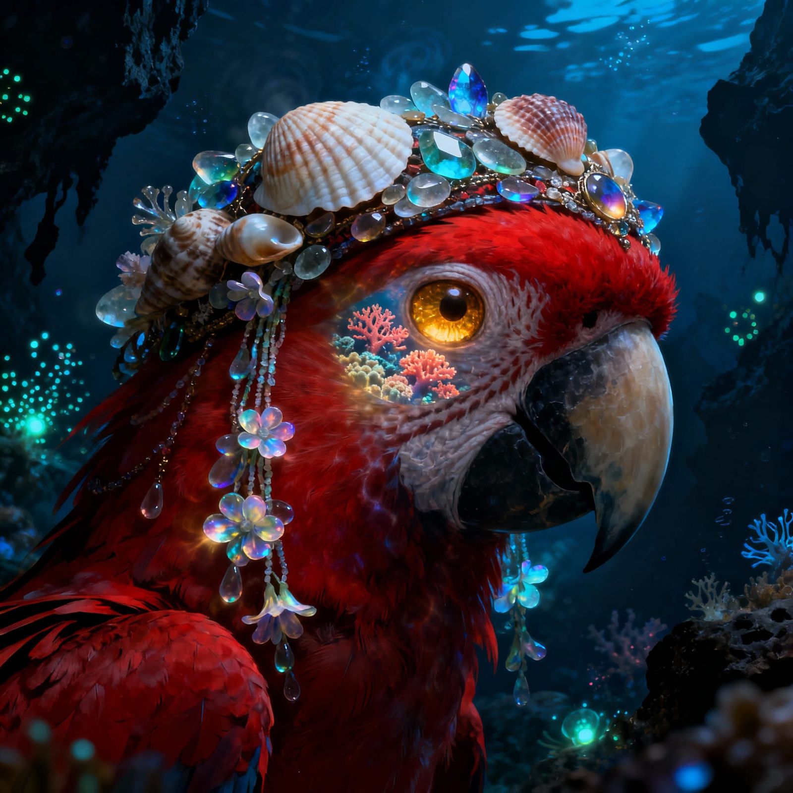 Fantastical Macaw Head with Seashell Headdress in Underwater...