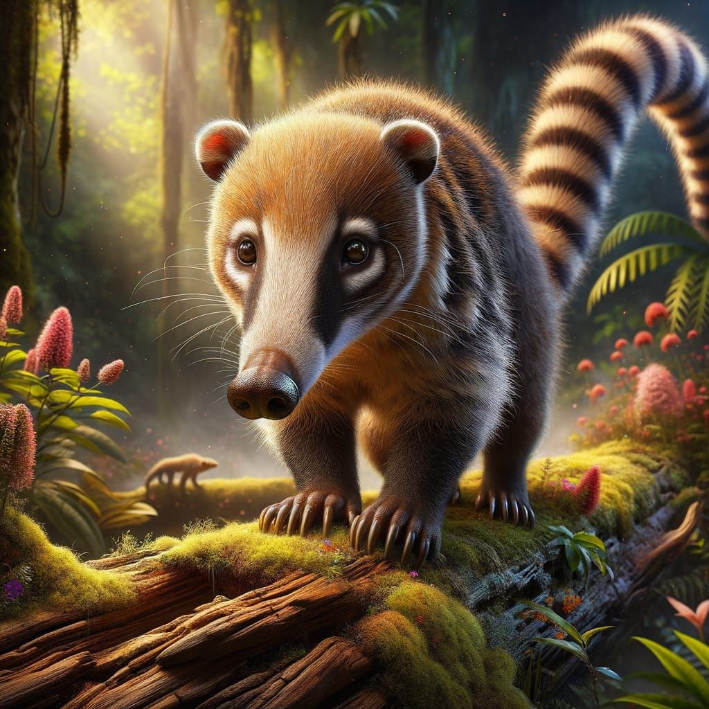 Detailed Coati Sniffing Mossy Log in Jungle