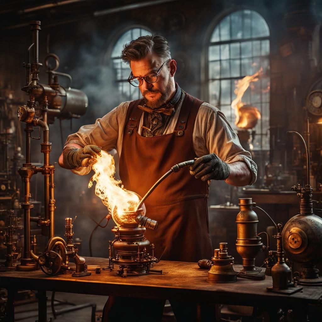 Steampunk Glassblower in Studio with Blazing Torch