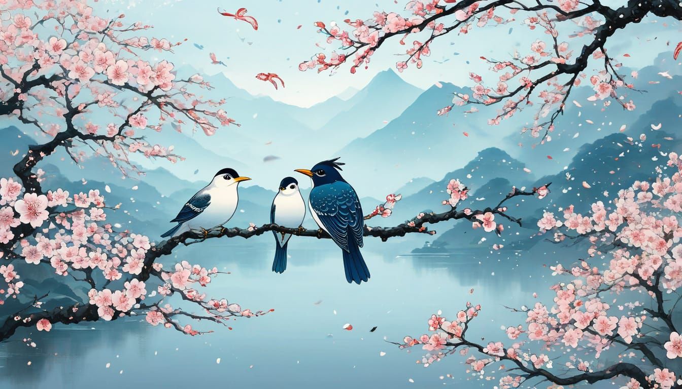 Fantastical Two-Headed Bird Illustration in Asian Style