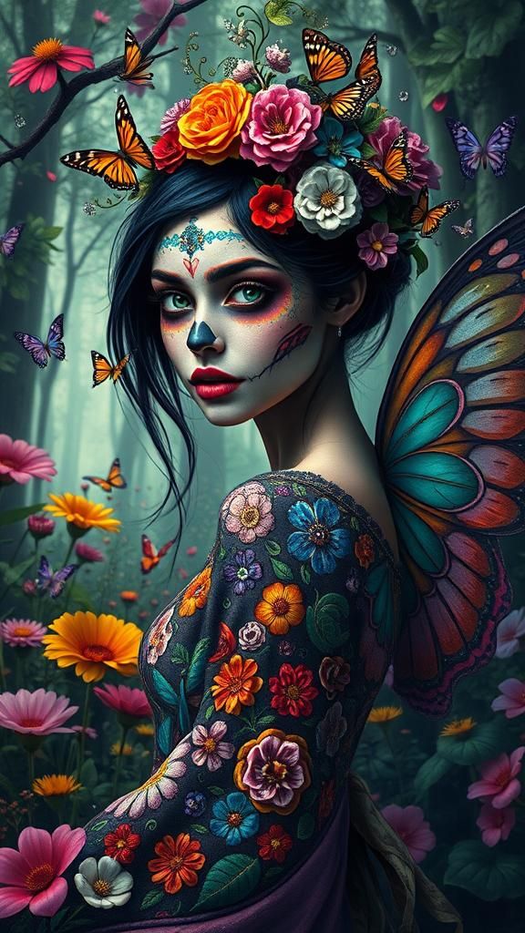 Medium shot of a beautiful woman wearing colorful Día de los Muertos face paint. Million Flower Dreamscape,   Patchwork,...