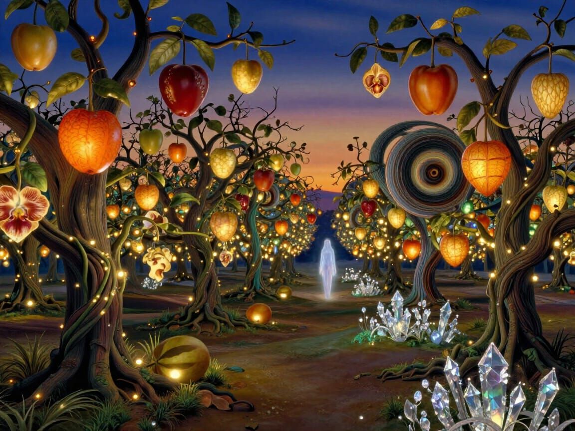 Surreal Twilight Orchard with Ethereal Figure