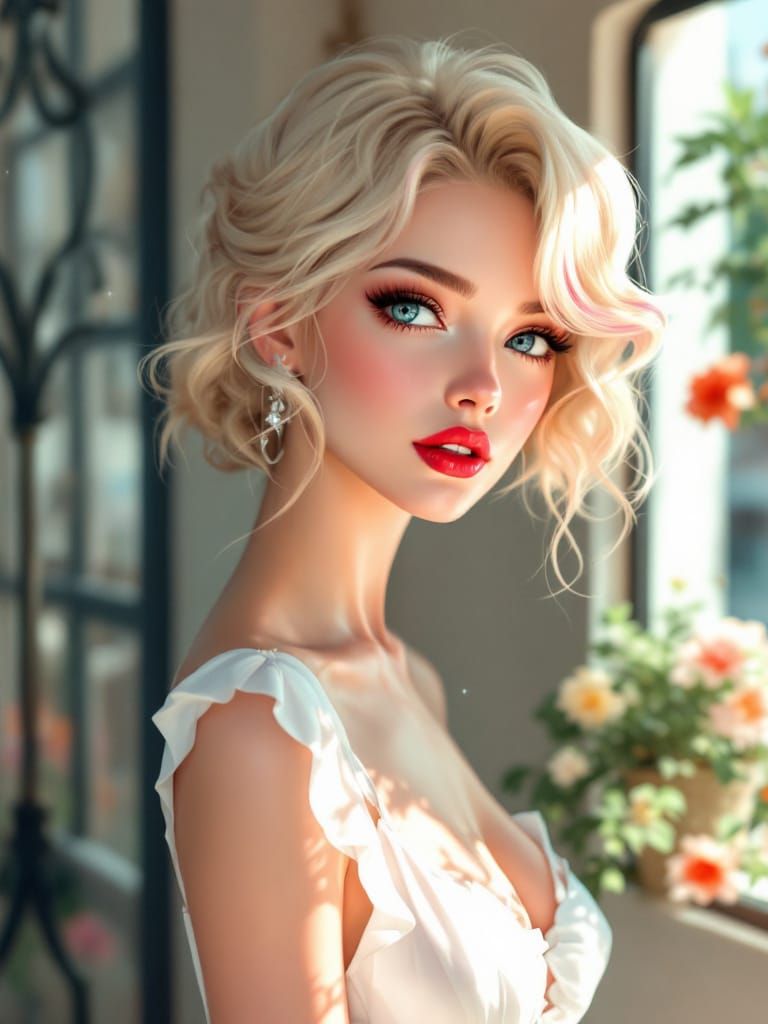 Luminous Anime Portrait of Pin-Up Woman with Pink Tipped Hai...