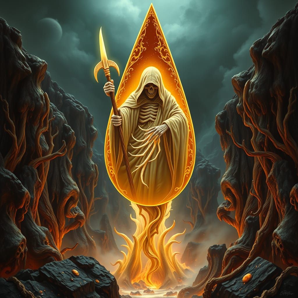 Honey Grim Reaper in Amber, Surreal Dark Art